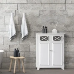 Teamson Home Dawson Two-Door Floor Cabinet with Decorative Glass Panels, White