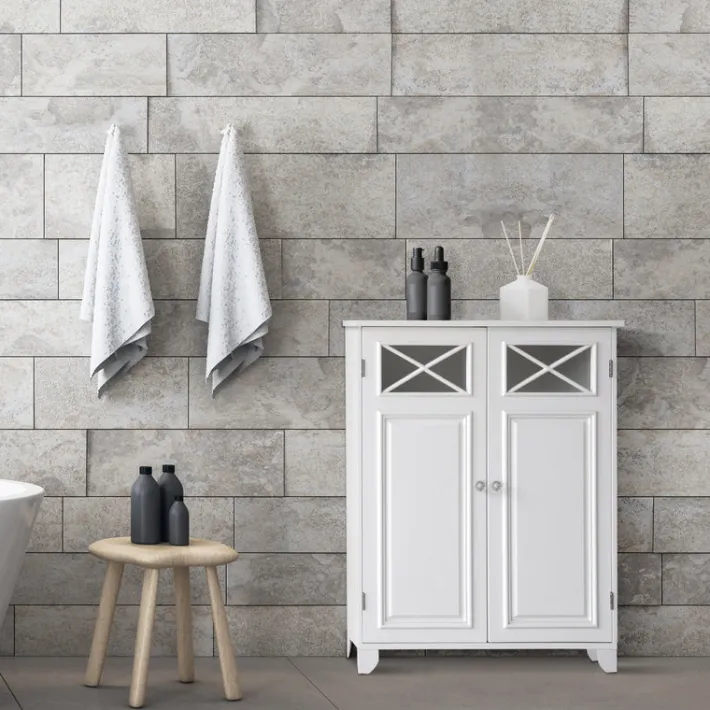 Teamson Home Dawson Two-Door Floor Cabinet with Decorative Glass Panels, White