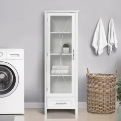 Teamson Home Delaney Freestanding Linen Cabinet with Cathedral Glass Panel Door, White