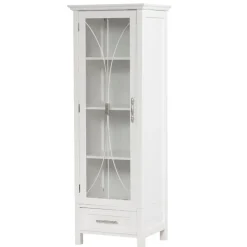 Teamson Home Delaney Freestanding Linen Cabinet with Cathedral Glass Panel Door, White