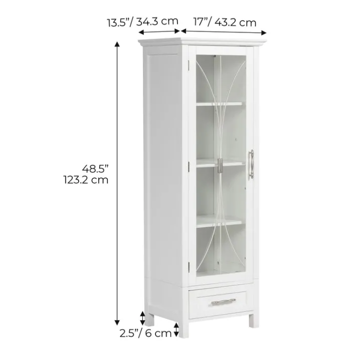 Teamson Home Delaney Freestanding Linen Cabinet with Cathedral Glass Panel Door, White