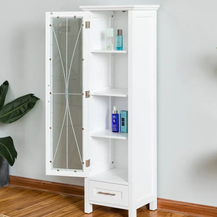 Teamson Home Delaney Freestanding Linen Cabinet with Cathedral Glass Panel Door, White