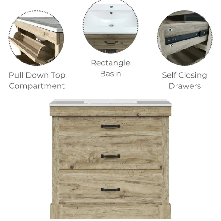 Teamson Home Donovan 36" Single Bathroom Vanity with Two Drawers, Light Oak