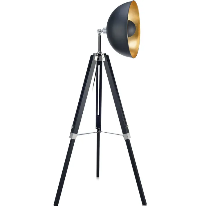 Teamson Home Fascino 63" Industrial Metal Tripod Floor Lamp with Dish Shade, Black/Gold