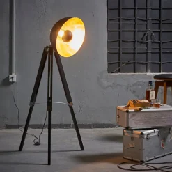 Teamson Home Fascino 63" Industrial Metal Tripod Floor Lamp with Dish Shade, Black/Gold
