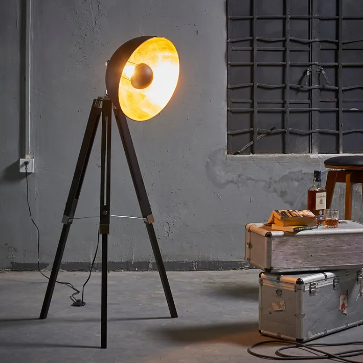 Teamson Home Fascino 63" Industrial Metal Tripod Floor Lamp with Dish Shade, Black/Gold