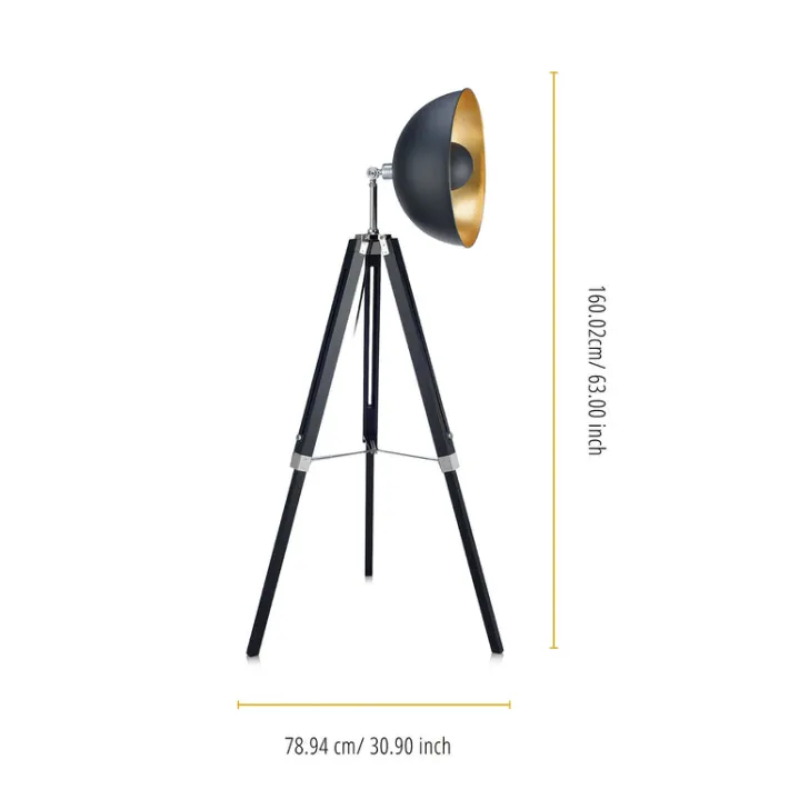 Teamson Home Fascino 63" Industrial Metal Tripod Floor Lamp with Dish Shade, Black/Gold