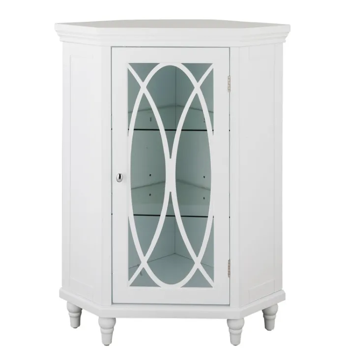 Teamson Home Florence Corner Floor Cabinet with Decorative Glass Paneled Door, White- FINAL SALE