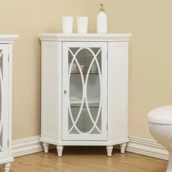 Teamson Home Florence Corner Floor Cabinet with Decorative Glass Paneled Door, White- FINAL SALE