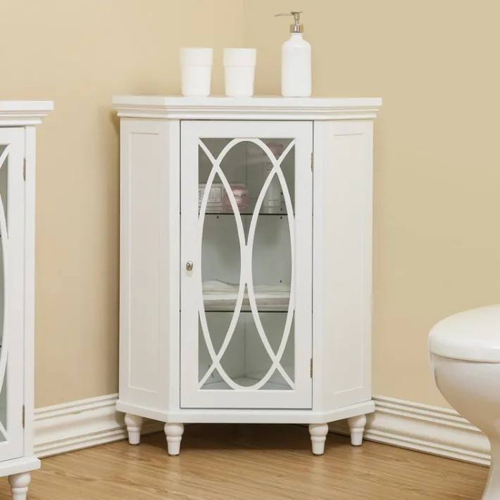 Teamson Home Florence Corner Floor Cabinet with Decorative Glass Paneled Door, White- FINAL SALE