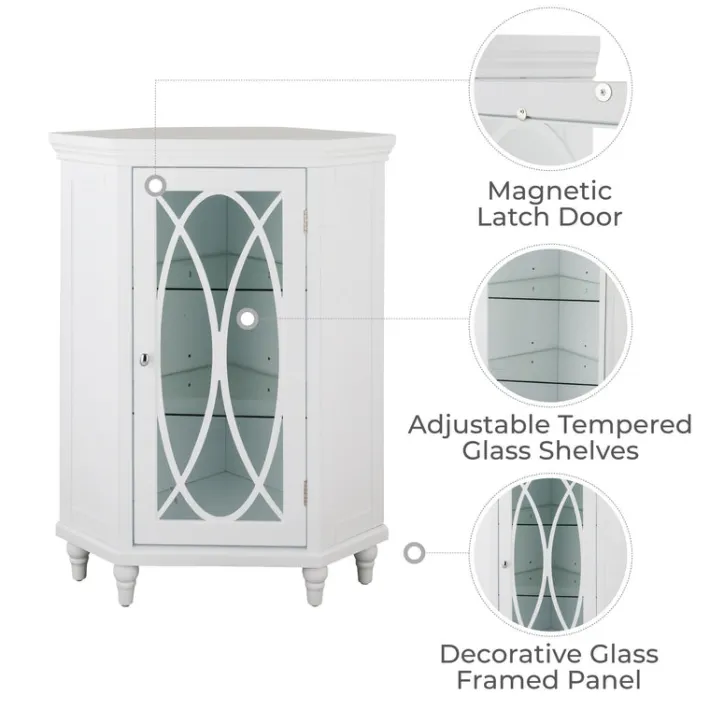 Teamson Home Florence Corner Floor Cabinet with Decorative Glass Paneled Door, White- FINAL SALE