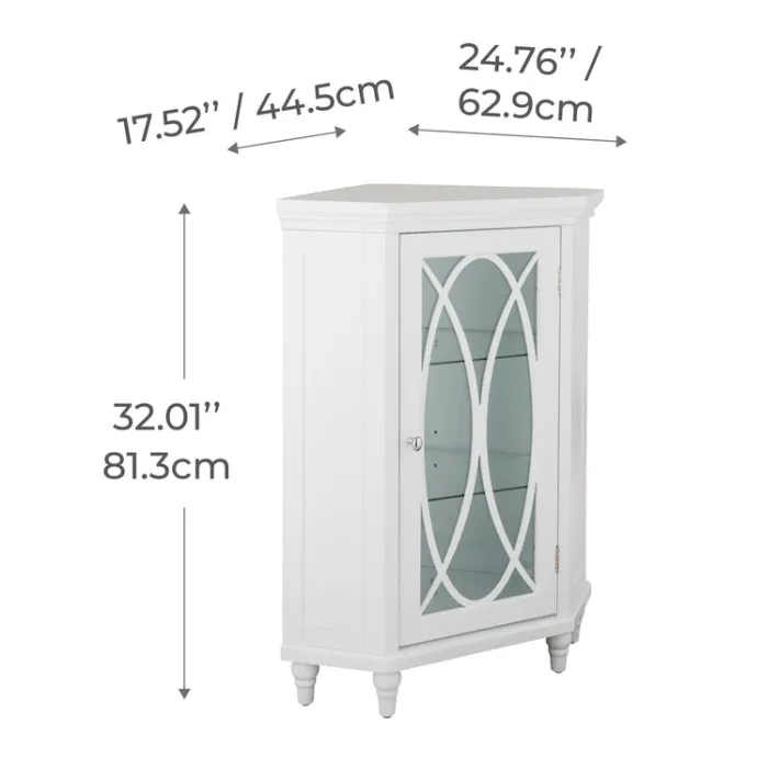 Teamson Home Florence Corner Floor Cabinet with Decorative Glass Paneled Door, White- FINAL SALE