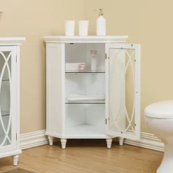 Teamson Home Florence Corner Floor Cabinet with Decorative Glass Paneled Door, White- FINAL SALE
