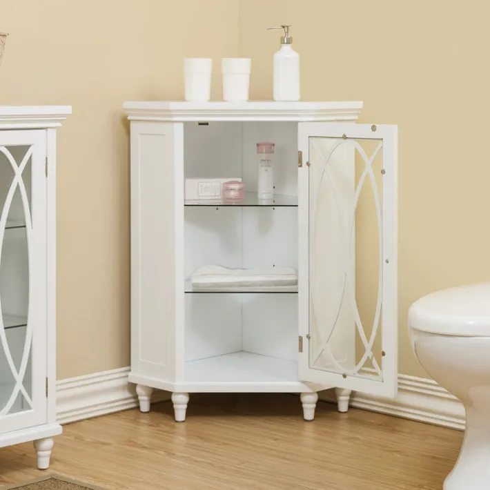 Teamson Home Florence Corner Floor Cabinet with Decorative Glass Paneled Door, White- FINAL SALE