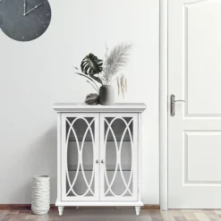 Teamson Home Florence Freestanding Two-Door Floor Cabinet with Decorative Glass Panels, White