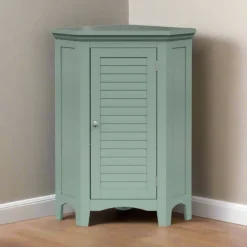 Teamson Home Glancy Corner Floor Cabinet with Faux Louvered Door, Sage Green