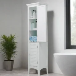 Teamson Home Glancy Freestanding Linen Tower with Two Faux Louvered Doors, White