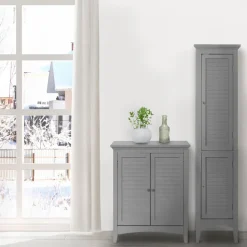 Teamson Home Glancy Freestanding Linen Tower with Two Faux Louvered Doors, Gray- FINAL SALE