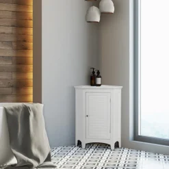 Teamson Home Glancy Freestanding Corner Floor Cabinet with Faux Louvered Door, White