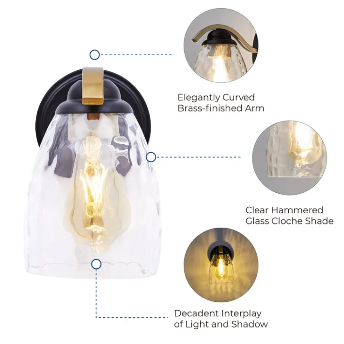 Teamson Home Heidi Dimmable 1-Light Armed Wall Sconce with 3-Stage Touch Dimmer, Black/Brass- FINAL SALE