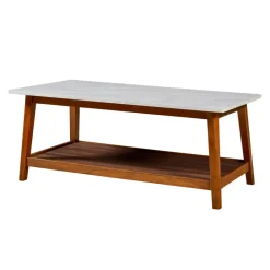 Teamson Home Kingston Coffee Table with Storage and Marble-Look Top, Marble/Walnut