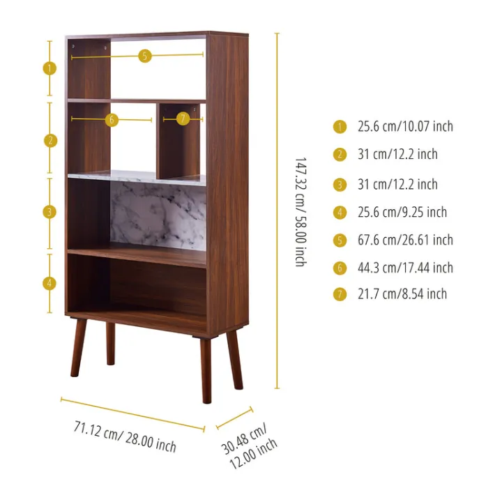 Teamson Home Kingston Wooden Bookcase with Faux Marble Shelf & Accents, White/Walnut -FINAL SALE