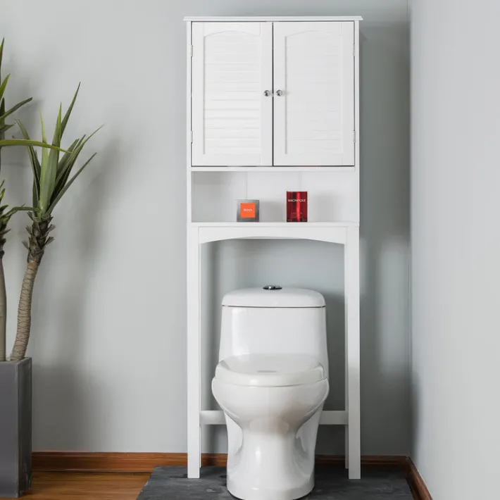 Teamson Home Louis Over-the-Toilet Cabinet with Faux Louvered Doors and Fixed Exterior Shelf, White