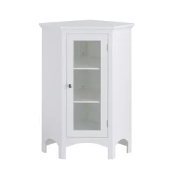 Teamson Home Madison Freestanding Corner Floor Cabinet with Tempered Glass Panel, White -FINAL SALE