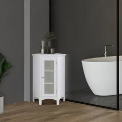 Teamson Home Madison Freestanding Corner Floor Cabinet with Tempered Glass Panel, White -FINAL SALE