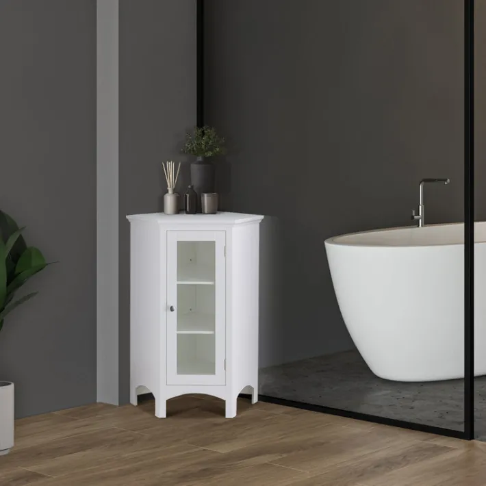 Teamson Home Madison Freestanding Corner Floor Cabinet with Tempered Glass Panel, White -FINAL SALE