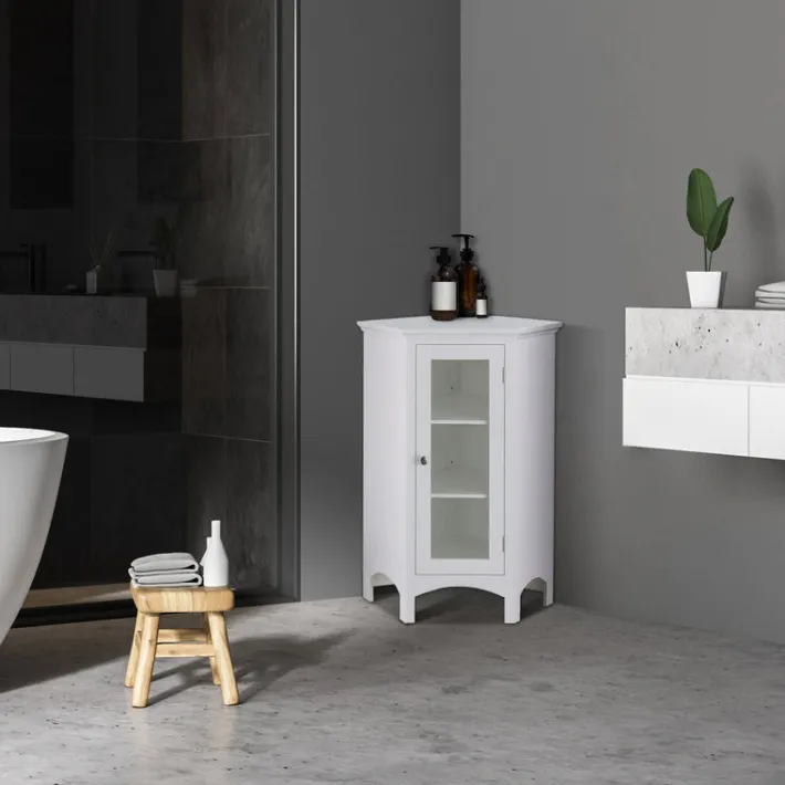 Teamson Home Madison Freestanding Corner Floor Cabinet with Tempered Glass Panel, White -FINAL SALE