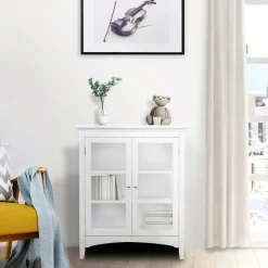 Teamson Home Madison Freestanding Two-Door Floor Cabinet with Tempered Glass Panels, White