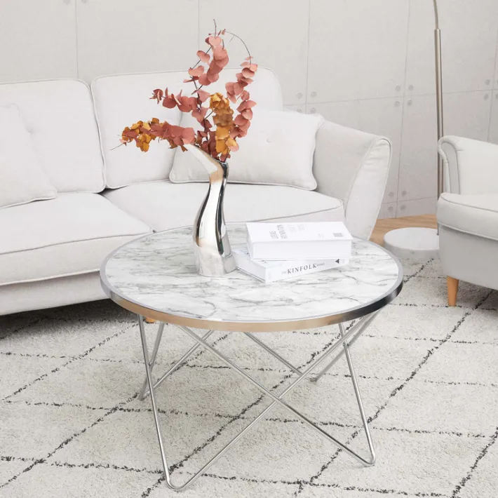 Teamson Home Margo Small Round Faux White Carrara Marble Coffee Table, White -FINAL SALE