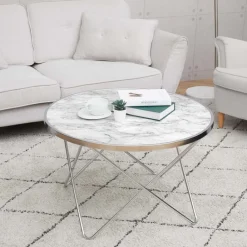 Teamson Home Margo Small Round Faux White Carrara Marble Coffee Table, White -FINAL SALE