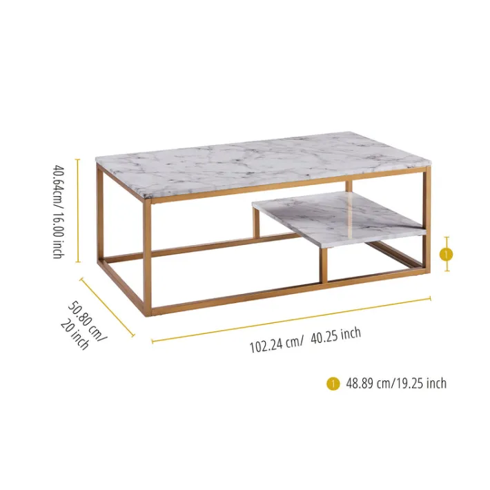 Teamson Home Marmo Modern Marble-Look Coffee Table with Shelf, Marble/Brass -FINAL SALE