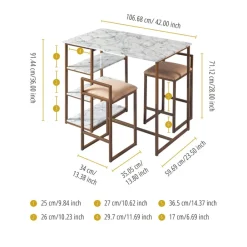 Teamson Home Marmo Modern Marble-Look Breakfast Table Set with 2 Stools and Storage, Marble/Brass- FINAL SALE