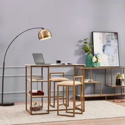 Teamson Home Marmo Modern Marble-Look Breakfast Table Set with 2 Stools and Storage, Marble/Brass- FINAL SALE