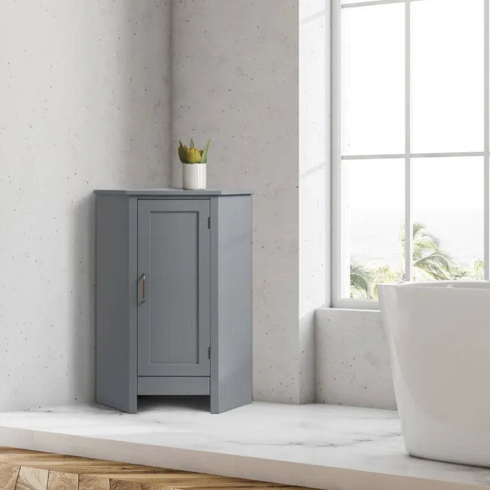 Teamson Home Mercer Mid Century Modern Wooden Wedge-Shaped Corner Floor Storage Cabinet, Gray -FINAL SALE