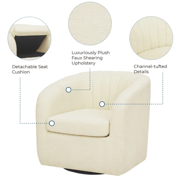 Teamson Home Monroe Faux Shearing Swivel Tub Chair with Channel Tufting, Ivory -FINAL SALE