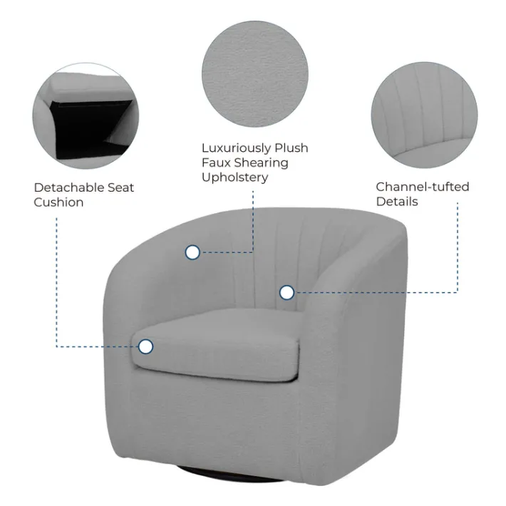 Teamson Home Monroe Faux Shearing Swivel Tub Chair with Channel Tufting, Gray