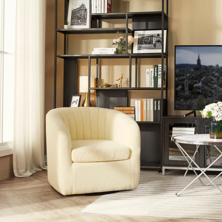 Teamson Home Monroe Faux Shearing Swivel Tub Chair with Channel Tufting, Ivory -FINAL SALE
