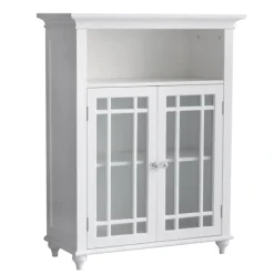 Teamson Home Neal Freestanding Two-Door Floor Cabinet with Glass Panels and Open Shelf, White- FINAL SALE