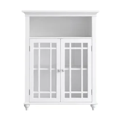 Teamson Home Neal Freestanding Two-Door Floor Cabinet with Glass Panels and Open Shelf, White- FINAL SALE