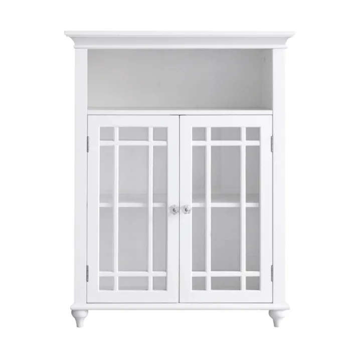 Teamson Home Neal Freestanding Two-Door Floor Cabinet with Glass Panels and Open Shelf, White- FINAL SALE