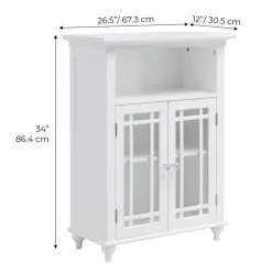 Teamson Home Neal Freestanding Two-Door Floor Cabinet with Glass Panels and Open Shelf, White- FINAL SALE