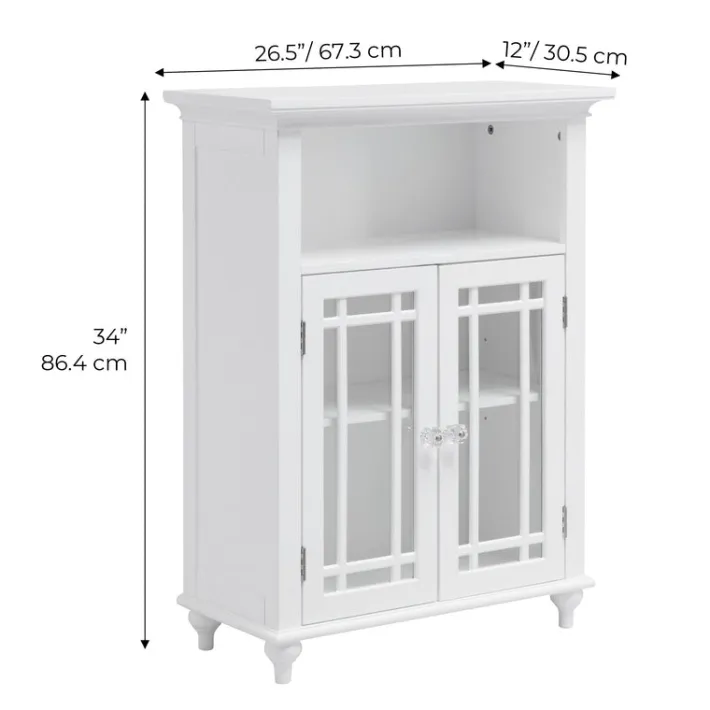 Teamson Home Neal Freestanding Two-Door Floor Cabinet with Glass Panels and Open Shelf, White- FINAL SALE