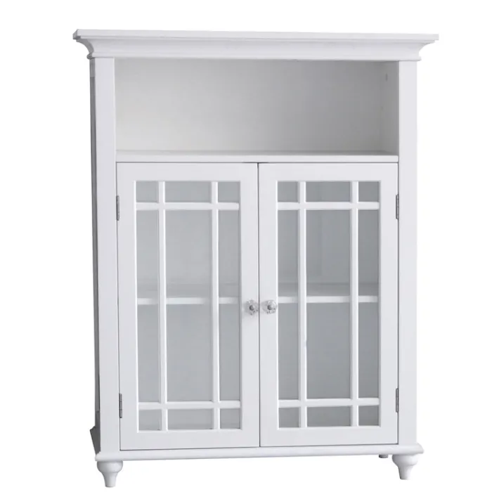 Teamson Home Neal Freestanding Two-Door Floor Cabinet with Glass Panels and Open Shelf, White- FINAL SALE