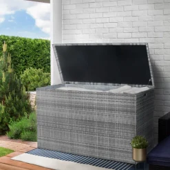 Teamson Home Outdoor 154-Gallon PE Rattan Deck Box for Cushions or Pool Accessory Storage, Gray