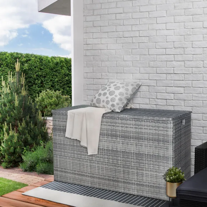Teamson Home Outdoor 154-Gallon PE Rattan Deck Box for Cushions or Pool Accessory Storage, Gray