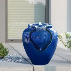 Teamson Home Outdoor Glazed Pot Fountain with LED Lights, Blue